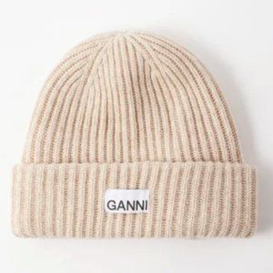 GANNI Logo Ribbed Beanie hat in Beige